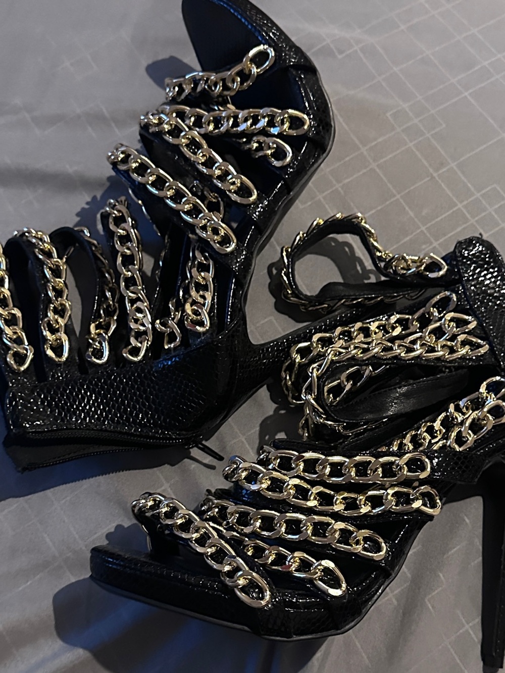 Black Faux Reptile Print Heels With Gold Chain Straps and Back Zip Size 45